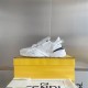 Fendi Flow White Leather Low Top Trainers on Box Fendi Flow white leather trainer resting on a yellow shoe box shown from the lateral side.