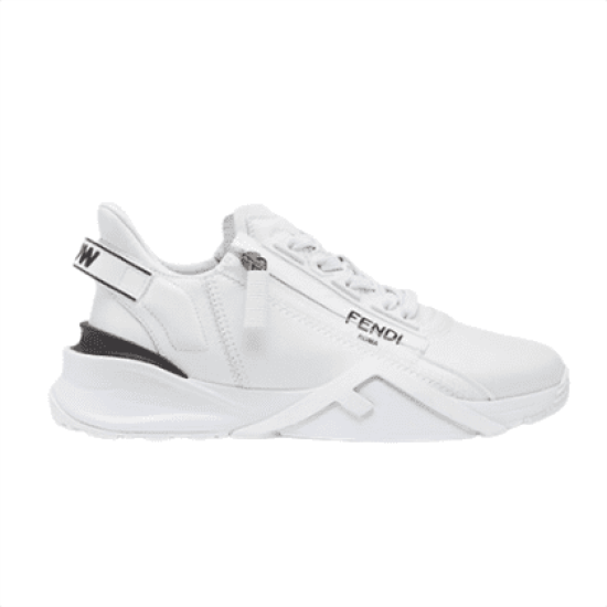 Fendi Flow White Leather Low Top Trainers - Side View Side profile view of Fendi Flow white leather low top trainers featuring side zip detail and rubber F sole detail.