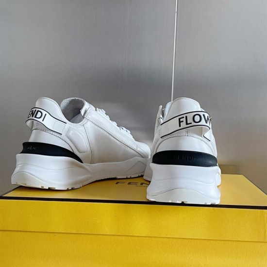 Fendi Flow White Leather Low Top Trainers - Heel View Rear view of Fendi Flow white leather trainers highlighting the FLOW heel tab and black heel accent.