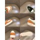 Fendi Match Suede Low Top Trainer Details Collage in orange and green Collage of close-up details including heel counter, sole and tongue logo of Fendi Match Trainers in orange and green