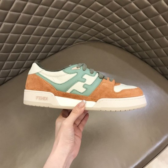 Fendi Match Suede Low Top Trainer Outer Side View in orange and green Outer side view of Fendi Match Suede Low Top Trainer highlighting the green side motif in orange and green