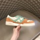 Fendi Match Suede Low Top Trainer Outer Side View in orange and green Outer side view of Fendi Match Suede Low Top Trainer highlighting the green side motif in orange and green