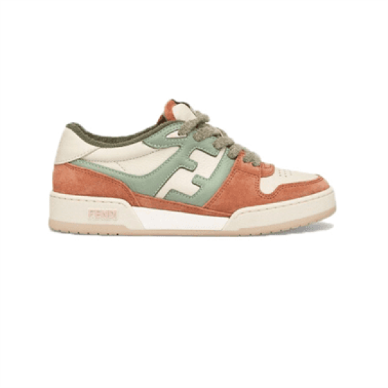 Fendi Match Suede Low Top Trainers Profile View in orange and green Fendi Match Suede Low Top Trainers in orange and green profile view