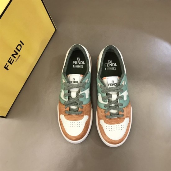 Fendi Match Suede Low Top Trainers Front View in orange and green Front overhead view of the pair of Fendi Match Suede Low Top Trainers in orange and green