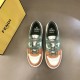 Fendi Match Suede Low Top Trainers Front View in orange and green Front overhead view of the pair of Fendi Match Suede Low Top Trainers in orange and green