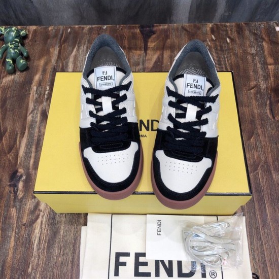 Top-down view of Fendi Match low-top trainers showing black laces and perforated toe boxes in black and off-white