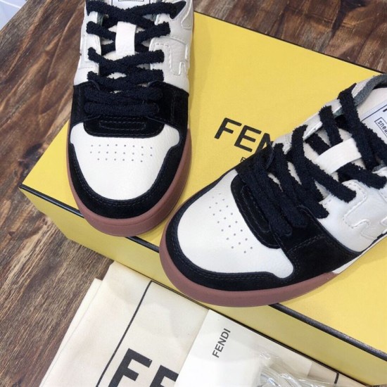 Detailed close-up of perforated off-white toe cap and black suede trim on Fendi trainer