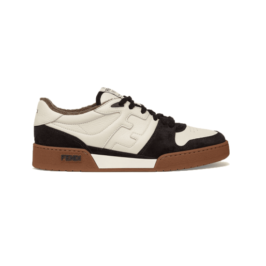 Side profile of Fendi Match low-top trainer in black suede and off-white leather with brown sole
