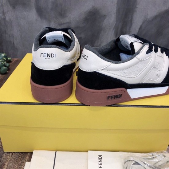 Rear view of Fendi Match trainers showing off-white heel counter and black suede overlays