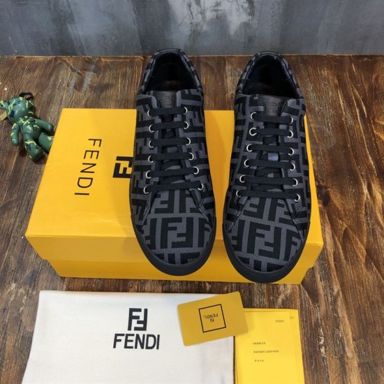 Fendi Monogram Trainers Front View in grey Front view of grey FF monogram tech fabric trainers with black laces