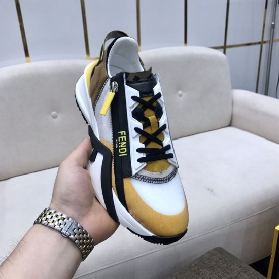 Top-down view of the Fendi Flow trainer highlighting the black laces and upper design in multicolour and white