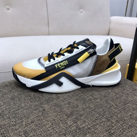 Medial side view of the Fendi Flow trainer resting on a textured fabric stool in multicolour and white