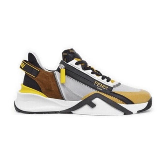 Side profile view of Fendi Flow multicolour low-top trainer showing the side zip and white sole