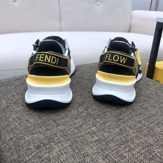 Rear view of both Fendi Flow trainers displaying the branded heel straps in multicolour and white