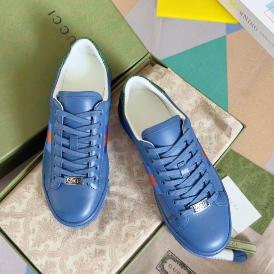 Gucci Ace Blue Trainers Overhead Pair View in blue and green Top-down view of Gucci Ace blue low top trainers displaying lace-up closure and metallic lace tags in blue and green