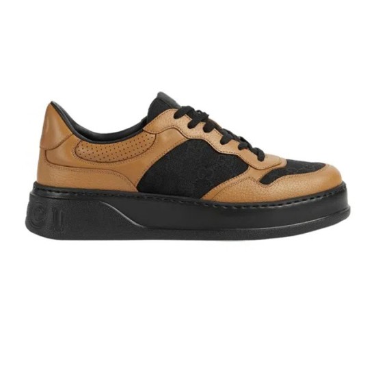 Gucci Monogram Leather Chunky Sole Trainers Black Brown Side View Profile view of Gucci Monogram Leather Chunky Sole Trainers in black and brown showing the lateral side profile