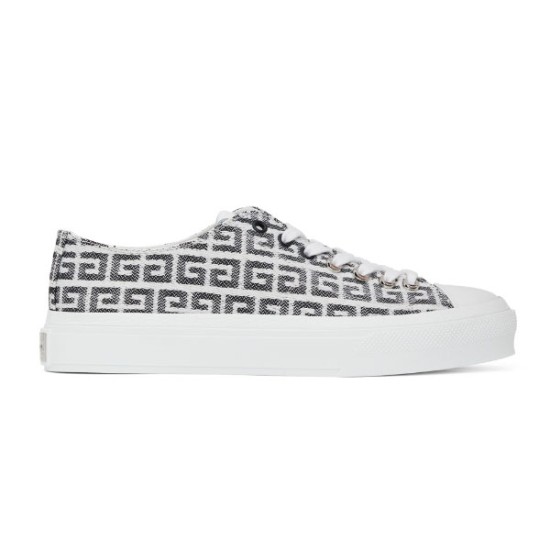 Side profile of Givenchy City low top trainers in black and white 4G jacquard