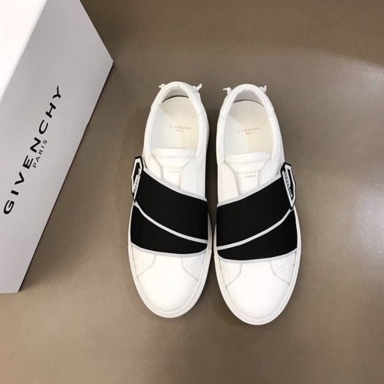 Givenchy White Leather Trainers Overhead View in white and black Top-down view of Givenchy white leather trainers showing black elasticated straps and insoles