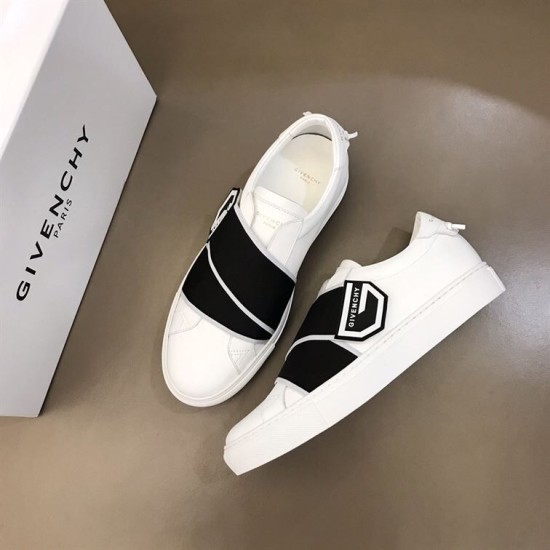 Givenchy White Leather Slip-On Trainers Display in white and black Pair of Givenchy white slip-on trainers positioned beside branded white box in white and black