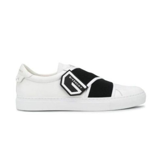 Givenchy White Leather Trainer Studio Profile in white and black Studio shot of Givenchy white leather trainer with black elasticated strap