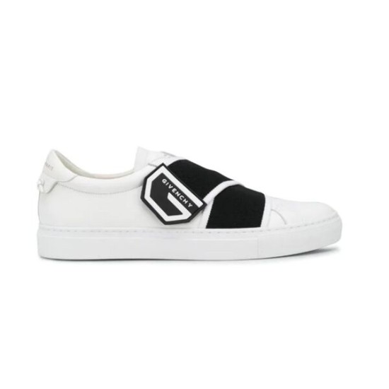 Givenchy White Leather Elasticated Logo Strap Trainer Side View in white and black Side profile of Givenchy white leather trainer with black elasticated logo strap