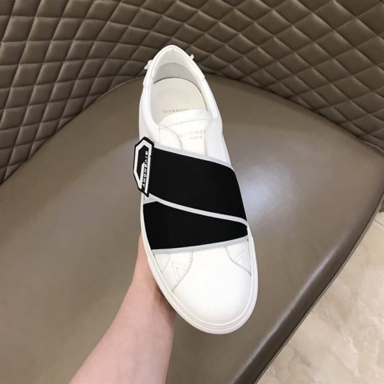 Givenchy White Leather Trainer Front View in white and black Front view of Givenchy white trainer showing toe cap and black elasticated cross strap