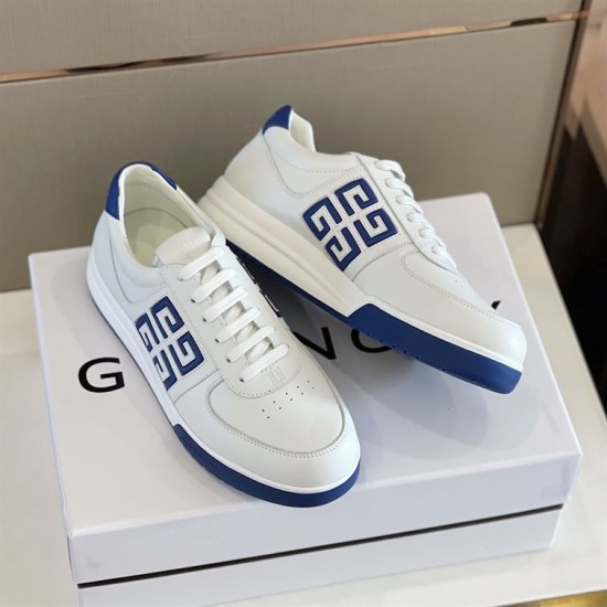 Givenchy G4 Low Top Leather Trainers In White And Blue angled pair shot