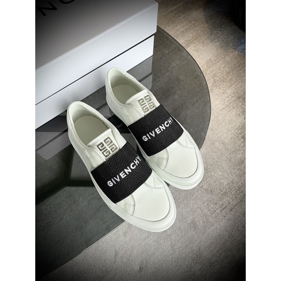 Givenchy White Leather Trainers Pair View in white and black Givenchy white leather trainers displayed from above on a glass surface in white and black