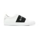 Givenchy White Leather Logo Trainer Studio View in white and black Side profile studio view of Givenchy white leather logo elastic band trainers in white and black