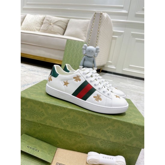 Pair of Gucci Ace Embroidered White Leather Trainers presented on a box