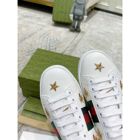 Front toe view of Gucci Ace White Leather Trainers with embroidered gold stars