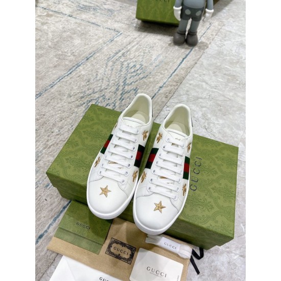 Overhead view of Gucci Ace Embroidered Bees And Stars White Leather Trainers