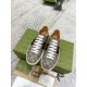 Gucci Ace GG Supreme Canvas Web Stripe Trainers Pair Overhead View in beige and brown Top-down view of Gucci Ace GG Supreme Canvas Web Stripe Trainers pair with white laces in beige and brown