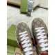 Gucci Ace GG Supreme Canvas Web Stripe Trainers Toe Detail in beige and brown Close-up of toe box and lacing system on Gucci Ace GG Supreme Canvas Web Stripe Trainers in beige and brown