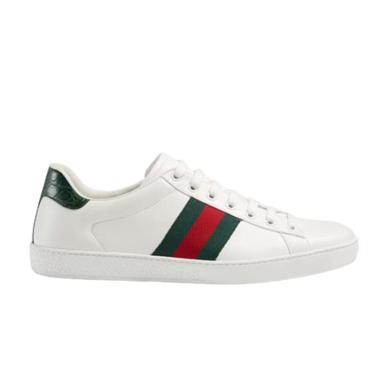 Side view of Gucci Ace Leather Trainers With Web Stripe in white