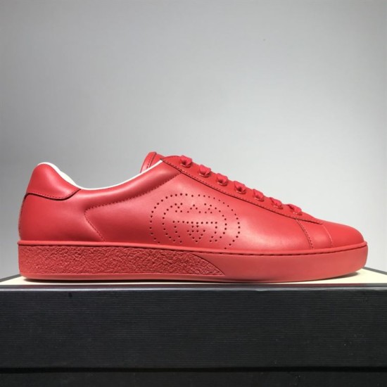 Gucci Ace Red Perforated Leather Trainer Side View in red and white Gucci Ace Red Perforated Leather Trainer side view resting on box in red and white