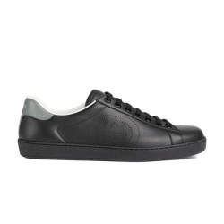 Gucci Ace Low Top Black Leather Perforated Logo Trainers