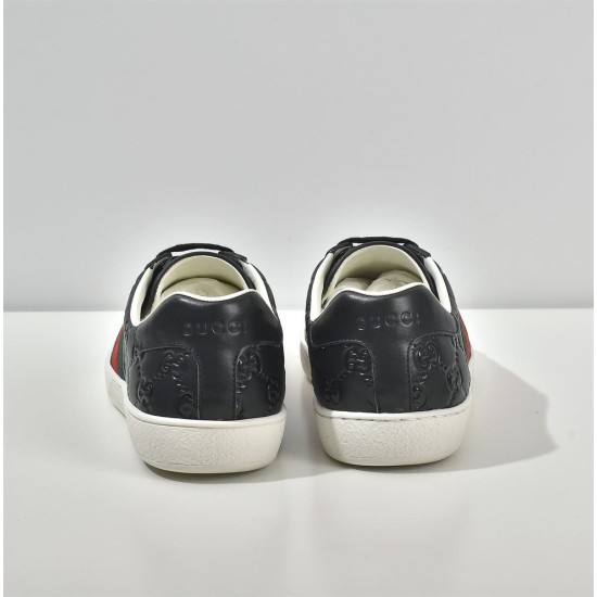 Gucci Ace Embossed Leather Low Top Trainers Black Heel View Back heel view showing embossed branding on Gucci Ace Trainers Black