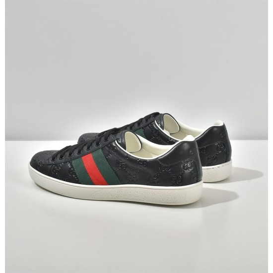 Gucci Ace Embossed Leather Low Top Trainers Black Rear Perspective Rear three-quarter perspective of Gucci Ace Embossed Leather Low Top Trainers Black