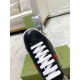 Gucci Ace Black Trainers Lacing Detail in black and red Close-up detail of white laces and embossed black leather toe cap on Gucci Ace trainers in black and red