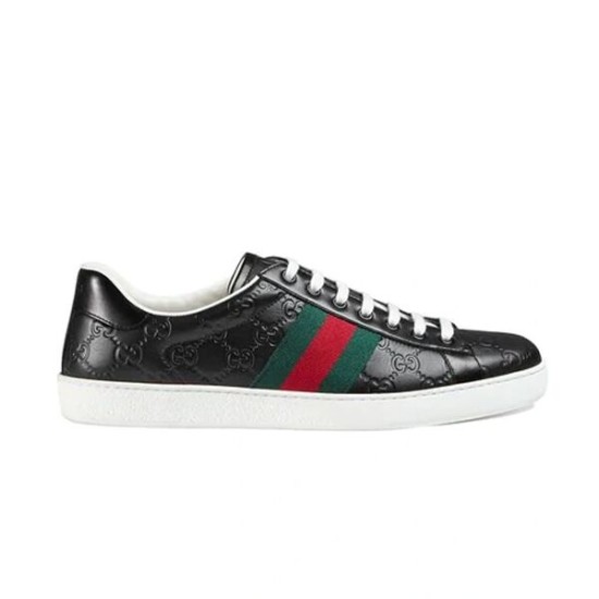 Gucci Ace Black Leather Trainers Side View in black and red Side profile view of Gucci Ace embossed black leather trainers with red and green web stripe