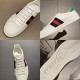 Four-panel collage showing details and tread of white Gucci Ace trainers