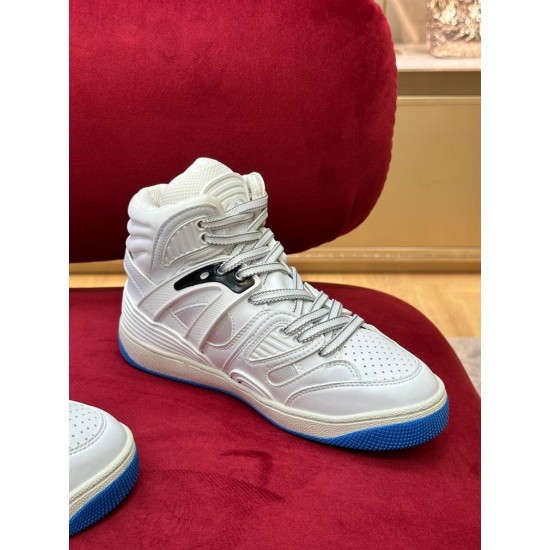 Gucci Basket High-Top Angled View in white and blue Gucci white high-top trainer angled lateral view showing grey laces in white and blue