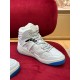 Gucci Basket High-Top Angled View in white and blue Gucci white high-top trainer angled lateral view showing grey laces in white and blue