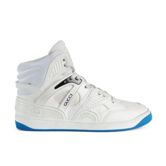 Gucci Basket High-Top Studio Profile in white and blue Gucci Basket High-Top Leather Trainer full lateral view in white and blue