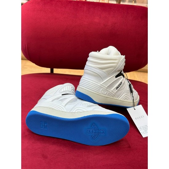 Gucci Basket Trainer Sole View in white and blue Gucci high-top trainers showing blue outsole with embossed bee motif in white and blue