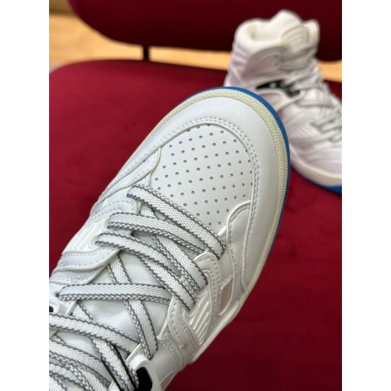 Gucci Basket Trainer Toe Box Detail in white and blue Top close-up of perforated white toe box and patterned laces in white and blue