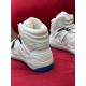 Gucci Basket Trainer Heel Detail in white and blue Rear angle view of ribbed white heel construction and blue sole tip
