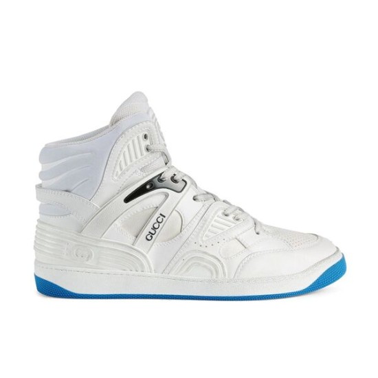 Gucci Basket High-Top Trainer Side View in white and blue Gucci Basket High-Top Leather Trainer side profile in white with blue sole