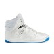 Gucci Basket High-Top Trainer Side View in white and blue Gucci Basket High-Top Leather Trainer side profile in white with blue sole